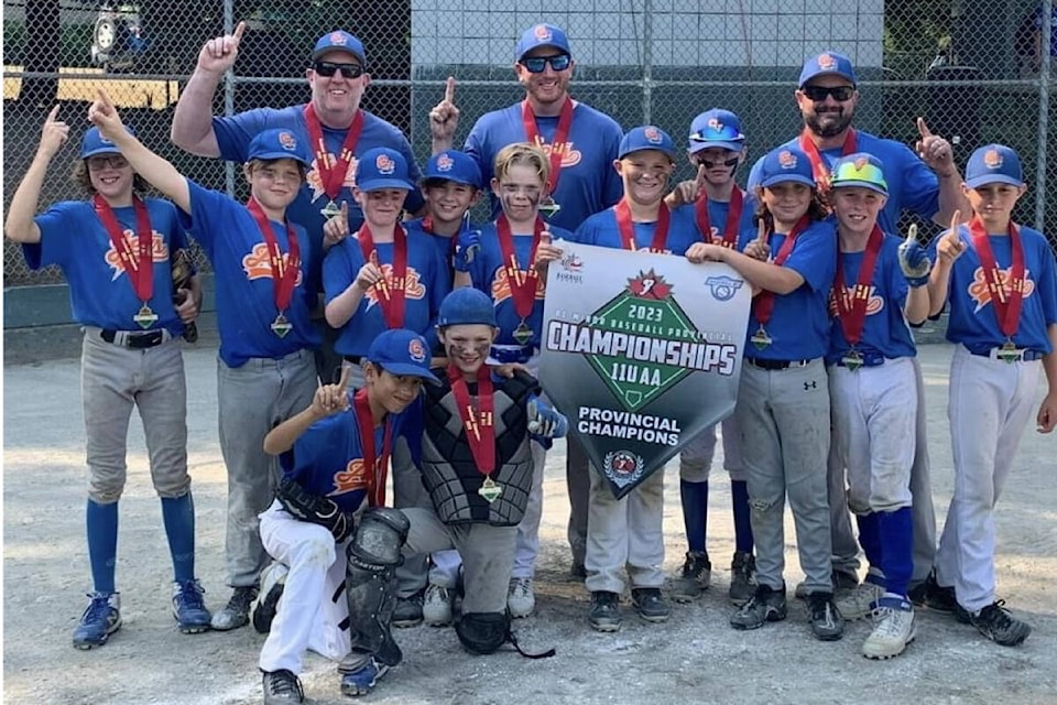 The provincial champion 11U AA Comox Valley Jets: top row - Denny Featherstone, Eric Helander, Jason Matthewson; middle row - Hudson Helander, Ryder Henshaw, Owen Featherstone, Hudson Lund, Willem Wind, Jesse Rohne, Calvin Anderson, Ryder Matthewson, Parker Giles, David Irvine; front row- Jayson Buletic, Andy Frazier. Photo supplied 