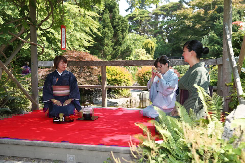 The Urasenke Tankokai Victoria Association demonstrates a traditional tea ceremony Saturday, Aug. 26 during the Japanese Cultural Fair at the Esquimalt Gorge Pavilion Park. (Justin Samanski-Langille/News Staff) 
