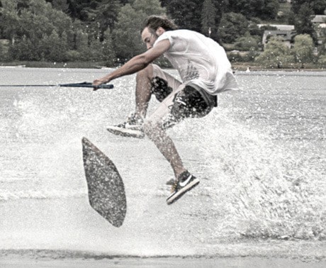 Photo by Alex Webb
Waterskater Taylor Hanley performs a flip on ELK??? Lake.