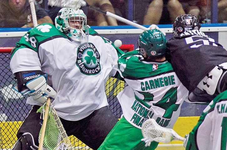 Victoria Shamrocks Lacrosse club celebrate after beating the Langley Thunder 4-3 in Overtime