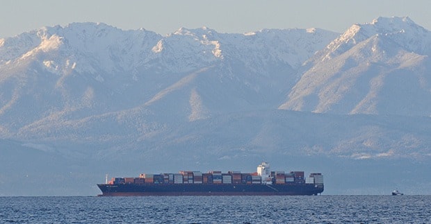 Freighter and Olympic Mountains