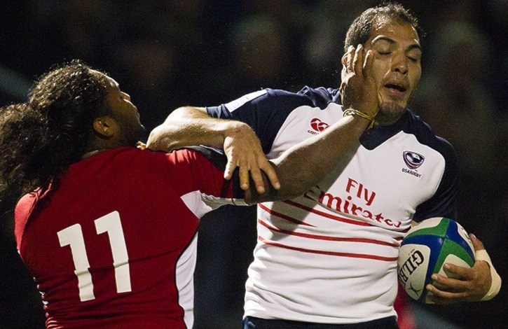 Canadian Wing #11 Jordan Wilson-Ross tackles USA Rugby Openside #7 Derek Asbun.