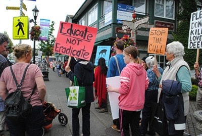 Residents in Oak Bay protest the plan to cull deer in Oak Bay.