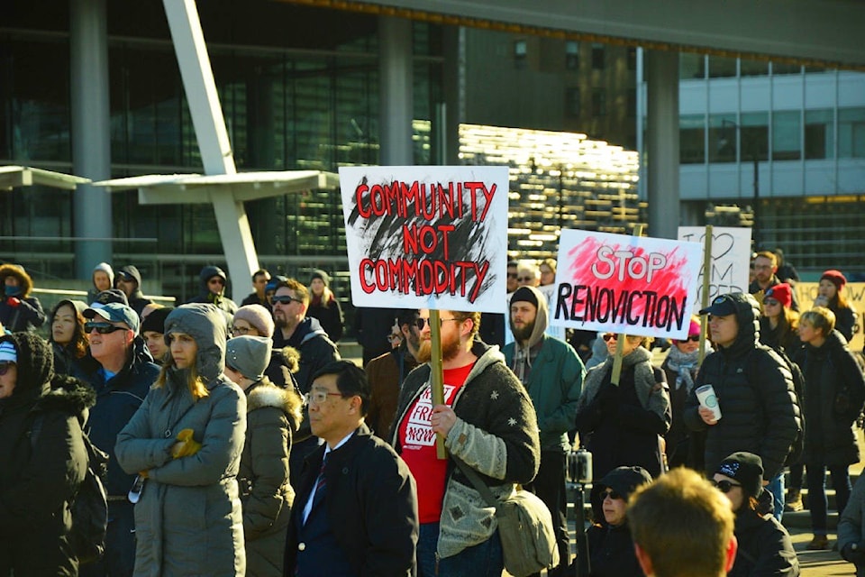 Hundreds of protestors called on the B.C. government to halt speculation in the province’s housing market. (Katya Slepian/Black Press)