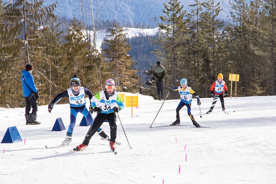 Magnus Sandell of the Sea to Sky ski club comes into the finish line just ahead of Wyatt Gitt of the Hollyburn club, with Samuel Muddiman of the Larch Hills and Dylan Shivers of the Telemark Nordic Club. (Jodi Brak/Salmon Arm Observer)