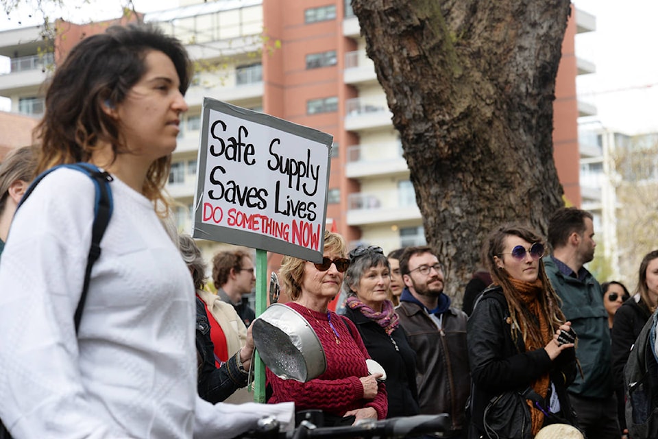 Protestors marched from Centennial Square to the Ministry of Health building in Victoria on Tuesday for the National Day of Action on the Overdose Crisis. (Nina Grossman/News Staff)