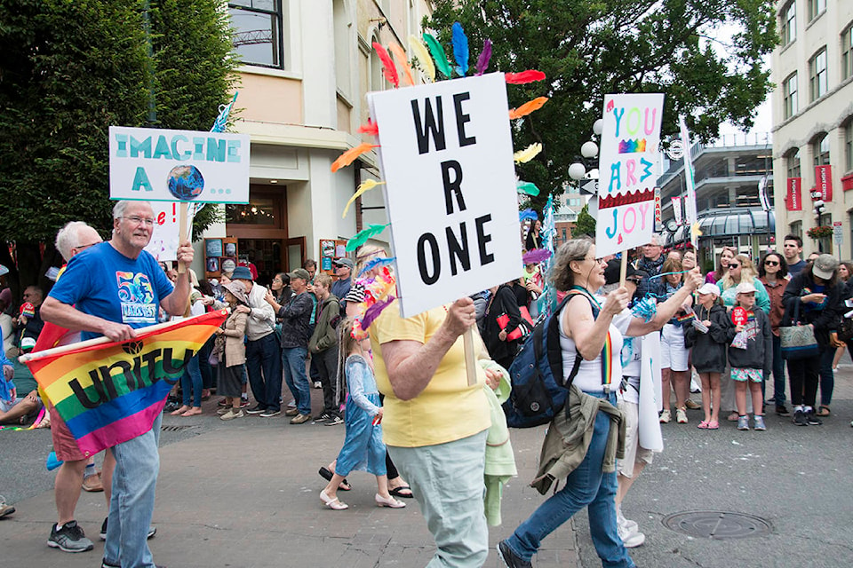 The 26th annual Victoria Pride Parade filled downtown streets with glitter, music and endless rainbows Sunday morning. Community members, non-profits, First Nations, school districts, councils and more showed their pride at the yearly event. (Nina Grossman/News Staff)