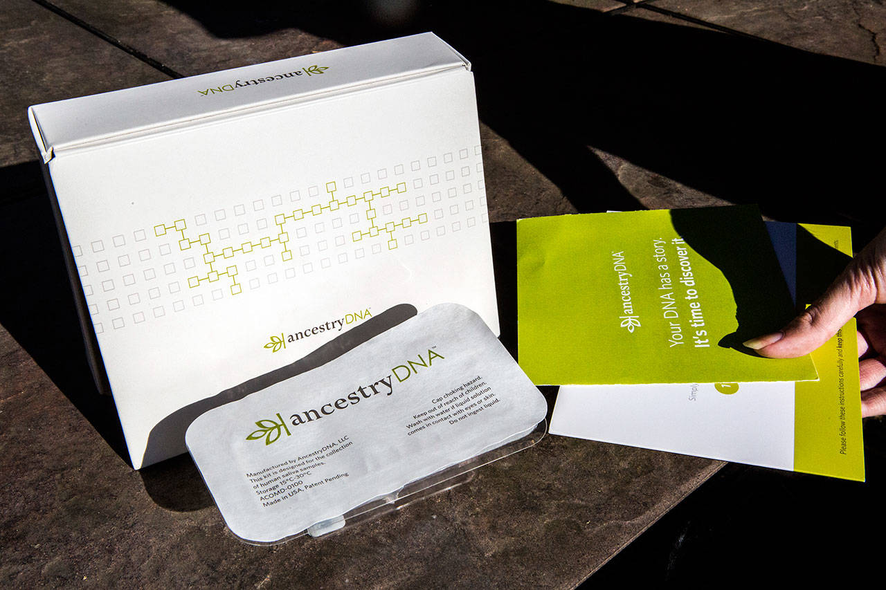 The AncestryDNA kit that Rustad used to send in her sample. (Olivia Vanni / The Herald)