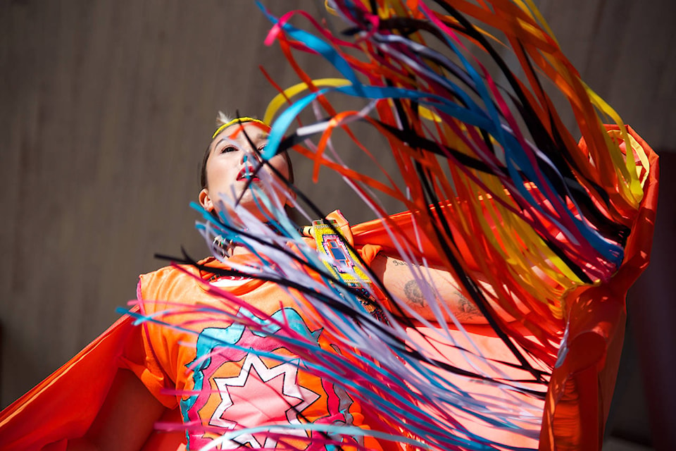 Dancer Keisha Jones performs a healing dance during Orange Shirt Day in downtown Victoria (Nicole Crescenzi/News Staff)