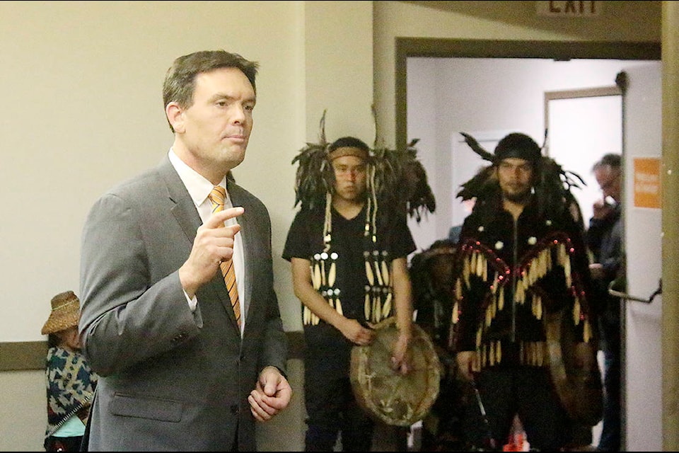 Cowichan-Malahat-Langford MP Alistair MacGregor addresses his supporters at the Duncan Community Lodge after being re-elected on Monday. (Kevin Rothbauer/Black Press)