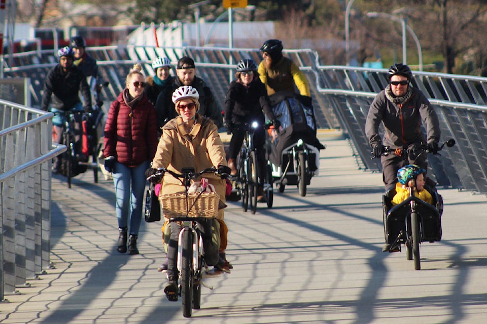 The riders made their way from Tillicum to Wharf Street on Saturday morning. (Devon Bidal/News Staff)