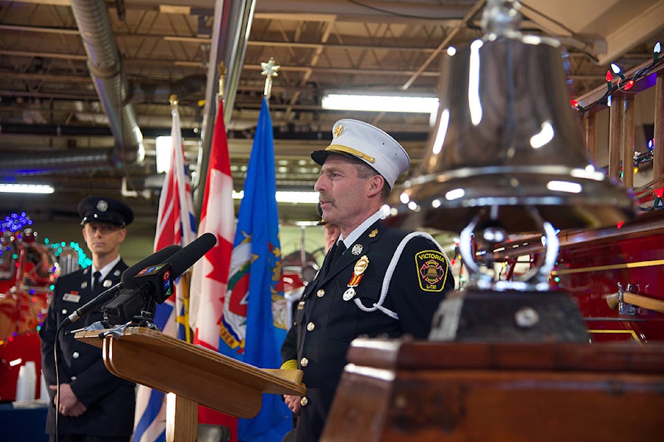 Victoria Fire Department Platoon Captain Oscar Pohl speaks at the ceremony for the Memorial Bell. (Nicole Crescenzi/News Staff)