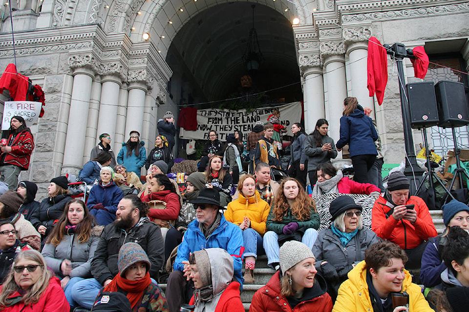 A number of supporters blocked each entrance to the B.C. Legislature in solidarity with the Wet’suwet’en hereditary chiefs. (Kendra Crighton/News Staff)