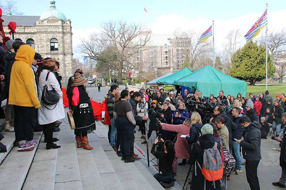 Hundreds of people attended the Indigenous youth’s press conference on Wednesday at the B.C. Legislature, which they’ve been occupying since Monday. (Kendra Crighton/News Staff)