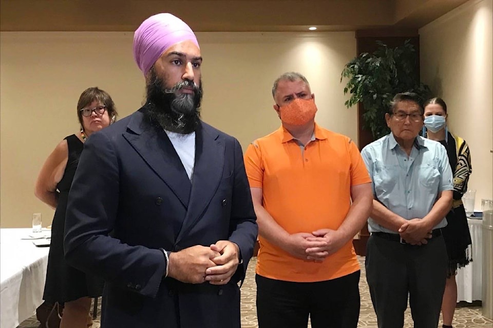 From left to right: Judith Sayers (Nuu-chah-nulth Tribal Council president), Jagmeet Singh, Gord Johns (Courtenay-Alberni MP), Moses Marin (Tla-o-qui-aht First Nation elected chief councillor) and Mariah Charleson (Nuu-chah-nulth Tribal Council vice president) speak to the media at the Best Western Plus Barclay Hotel on Sunday, Aug. 16. (ELENA RARDON / ALBERNI VALLEY NEWS)