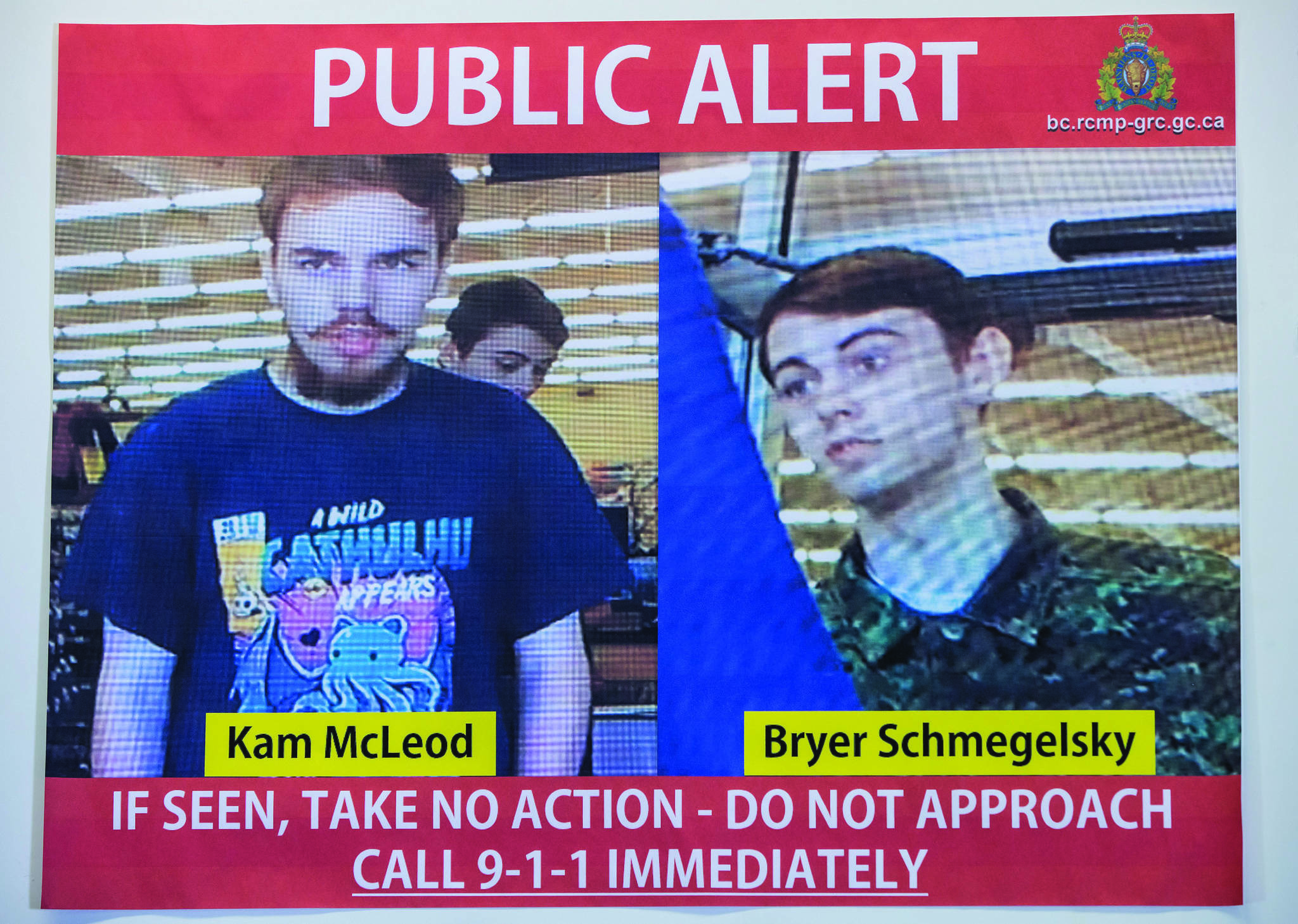 Security camera images recorded in Saskatchewan of Kam McLeod, 19, and Bryer Schmegelsky, 18, are displayed during an RCMP news conference in Surrey, B.C., on Tuesday July 23, 2019. THE CANADIAN PRESS/Darryl Dyck
