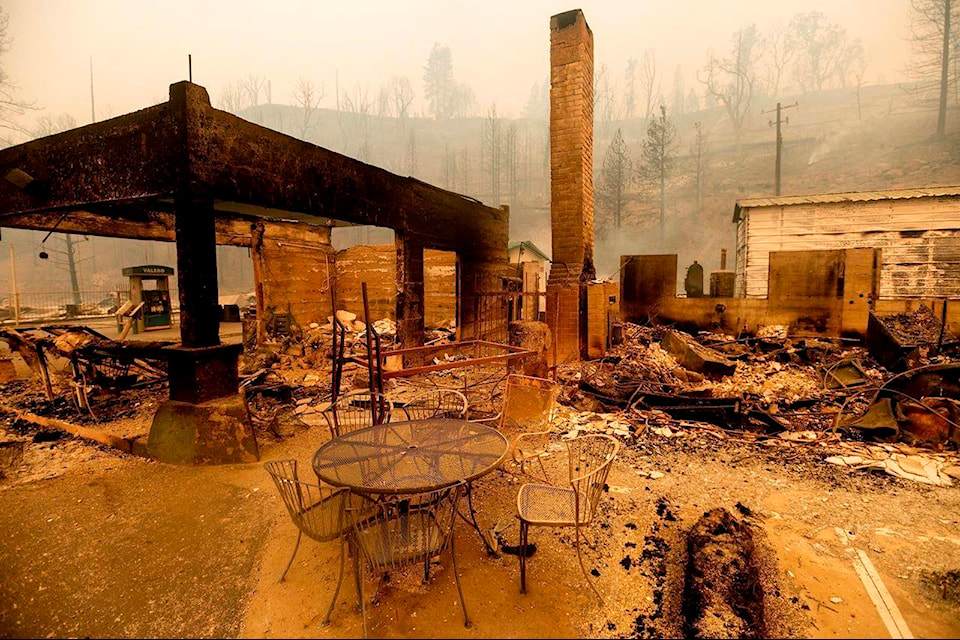 FILE - In this Sept. 8, 2020, file photo, a table stands outside the destroyed Cressman’s General Store after the Creek Fire burned through Fresno County, Calif. Experts agree that more extreme fire behavior is driven by drought and worsening conditions that they attribute to climate change. Among the most concerning developments is that wildfires can spread far more quickly, leaving less time for warnings or evacuations. (AP Photo/Noah Berger, File)