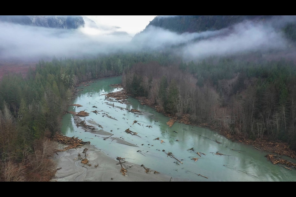 The slide swamped the Southgate River, around 13 km downhill from the initial incident. Photo supplied by Hakai Institute.