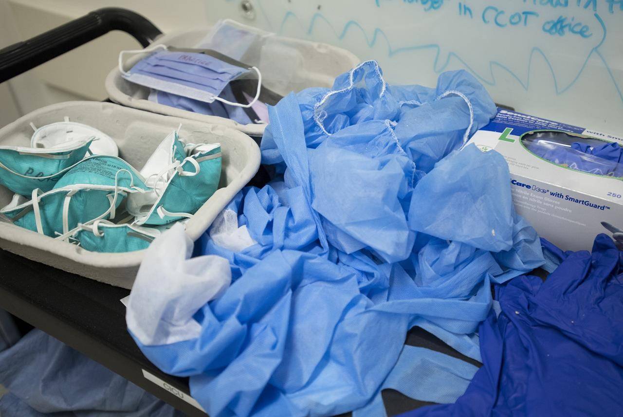 Personal protective equipment is seen in the COVID-19 intensive care unit at St. Pauls hospital in downtown Vancouver, Tuesday, April 21, 2020. A recent survey by the Canadian Medical Association found most doctors who responded have not seen an improvement in the supply of personal protective equipment in the last month. THE CANADIAN PRESS/Jonathan Hayward