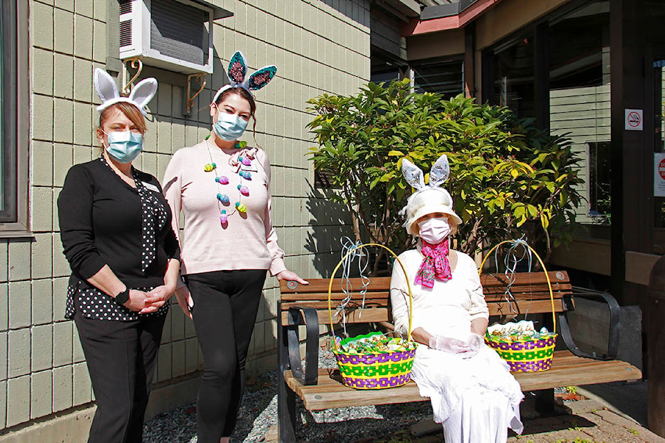 Janet Morningstar, vice-president of the Kiwanis Pavilion Foundation, hopped over to the Pavilion this week to deliver hundreds of chocolate Easter eggs. (Jane Skrypnek/News Staff)