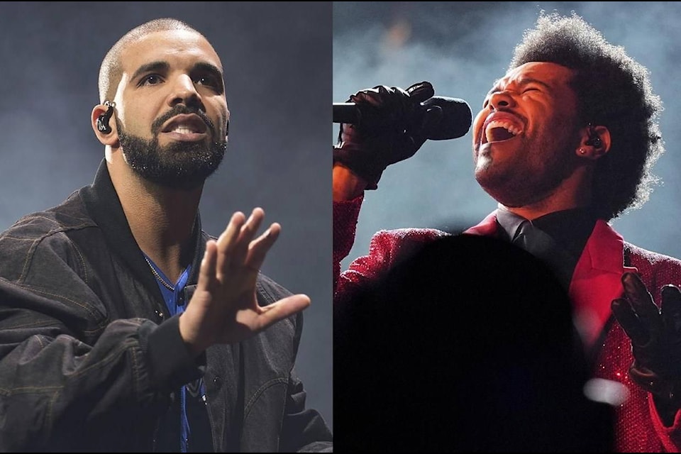 Drake performs onstage in Toronto on Oct. 8, 2016, left, and The Weeknd performs during the halftime show of the NFL Super Bowl 55 football game on Feb. 7, 2021, in Tampa, Fla. Drake, the most decorated winner in the history of the Billboard Music Awards, will be named artist of the decade and The Weeknd, who has 16 nominations, will perform on Sunday’s show. (AP Photo)