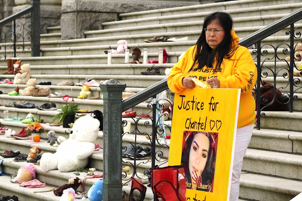 Members of Chantel Moore’s family gather on the steps of the B.C. legislature on June 4. The day marked the one-year anniversary of the 26-year-old mother being fatally shot by a police officer in New Brunswick, during what began as a wellness check. (Jake Romphf/News Staff)
