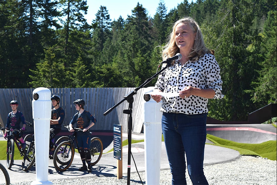 Bonnie Lunn makes remarks about her son, the late Jordie Lunn, at the June 22 opening ceremony of the bike park named in his honour. (Kiernan Green/News Staff)