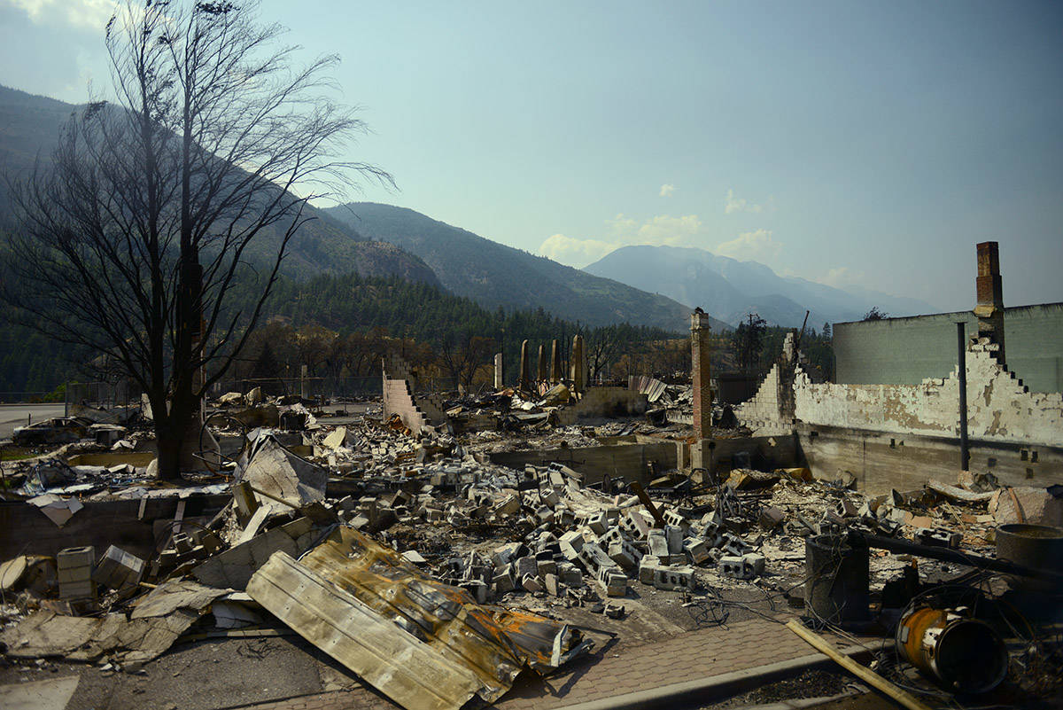 A row of properties in the Village of Lytton, B.C. on Friday, July 9, 2021 following a massive wildfire that tore through the town destroying 90 per cent of it. (Jenna Hauck/ Black Press Media)