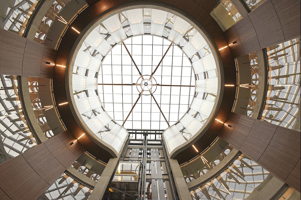 Looking up at the ceiling in the interior foyer of 1515 Douglas Street. 1515 Douglas Street is a six-storey class AA LEED Platinum office and retail building located across from Victoria City Hall. Design by D’Ambrosio architecture and urbanism. (Don Denton/Black Press Media)