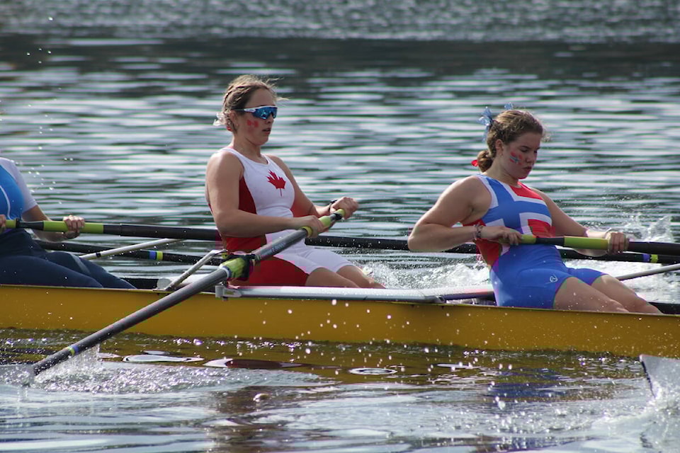 Rowers taking part in the Head and Tail of the Gorge regatta in Victoria on Saturday. (Jake Romphf/News Staff)