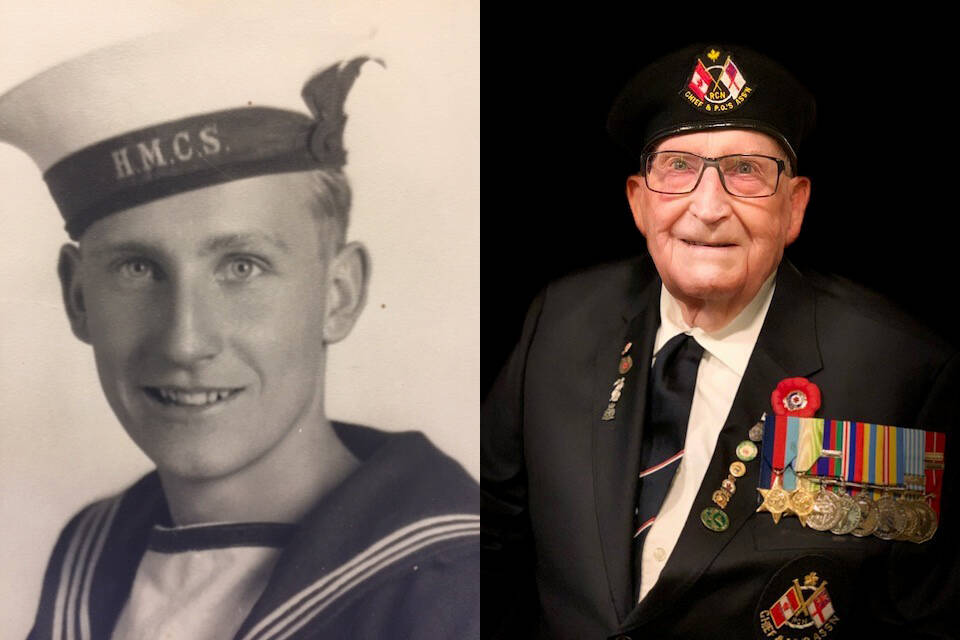 Bob Cameron at age 17, right after enlisting in the navy, and after retiring as a CPO 2 (Chief Petty Officer Second Class) by rank and Stoker (Engine Room Artificer) by trade.