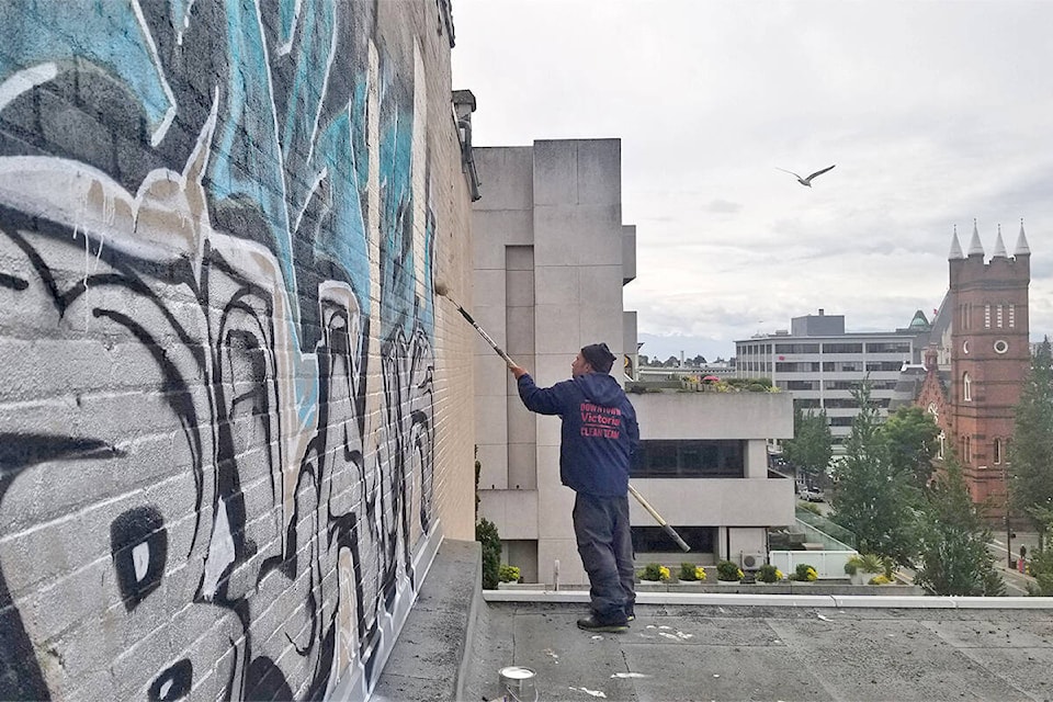 The DVBA keeps more than 200 containers of a variety of shades of paint in its stores at the ready to cover graffiti as it appears. (Courtesy Downtown Victoria Business Association)