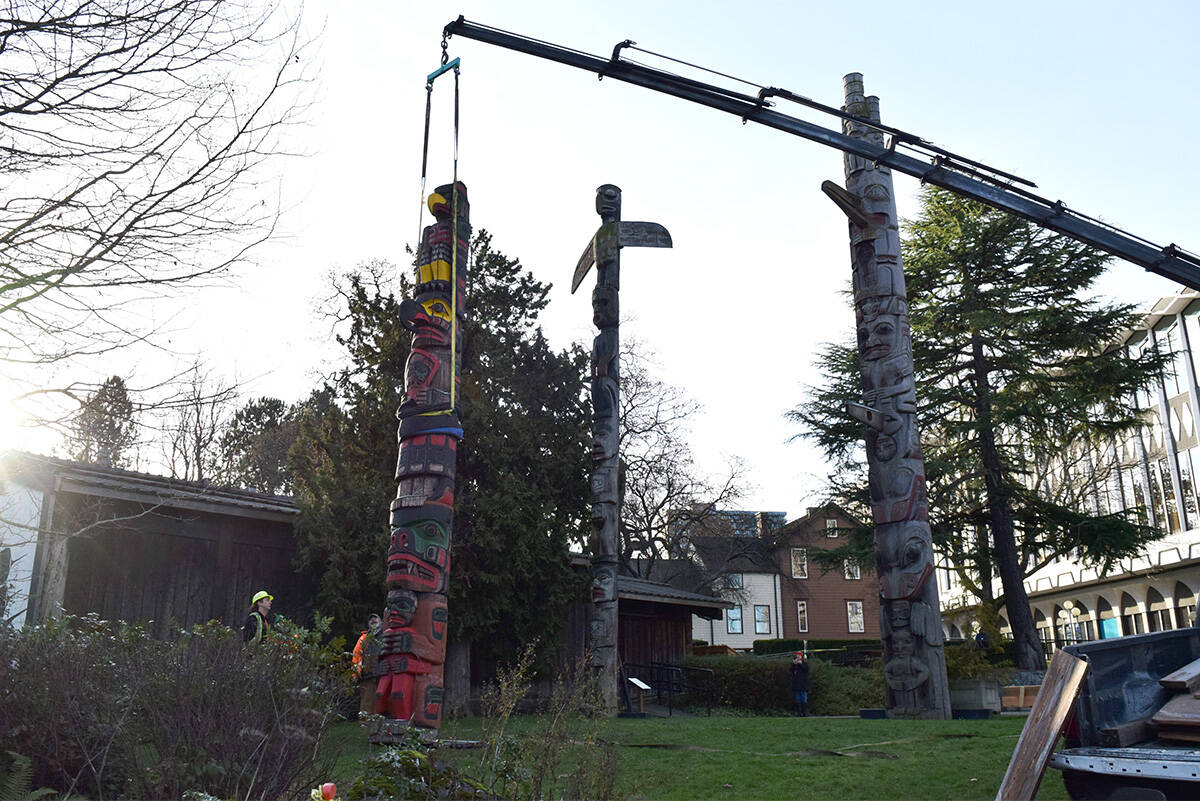 Workers with HD Trucking Ltd. prepare the placement of Richard Hunts restored 1979 totem in its new location in Thunderbird Park, neighbouring those carved by his father, Henry Hunt, and legendary carver Mungo Martin. (Kiernan Green/News Staff)
