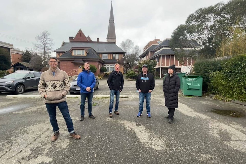 The Community Alliance for Sheltering Alternatives team of Jeremy Caradonna, Matt Dell, Rob Reid, Calen McNeil, and Krista Loughton are looking for a site to place their inaugural Conestoga Hut. (Photo courtesy Community Alliance for Sheltering Alternatives)