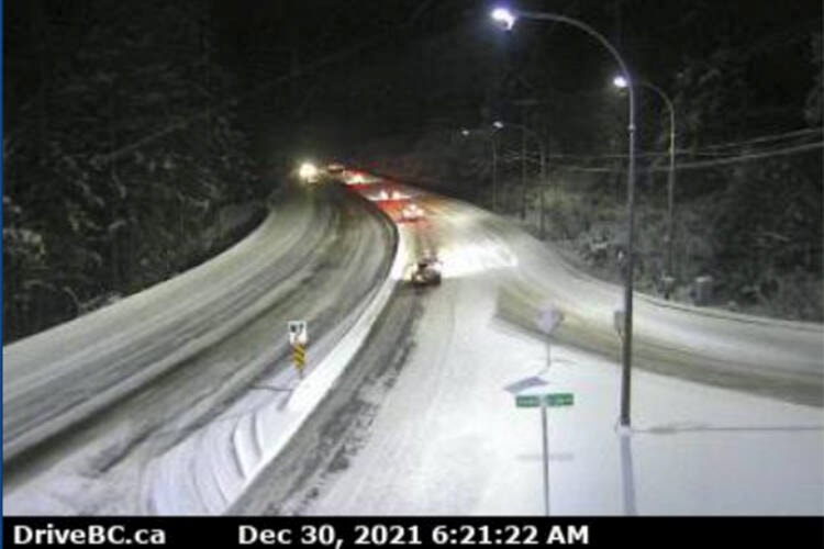 Drive BC limits travel on four major south Island highways, including the Malahat section of Highway 1, on Dec. 30 after heavy snowfall overnight. (DriveBC.ca)