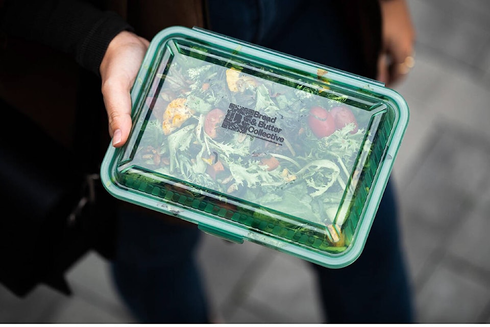 With Victoria’s new green takeout plan, customers purchase an $8 container at a participating business. The food comes packed in the reusable container. The customer brings the clean reusable container when ordering takeout from any participating business and receives it in a new container. (Courtesy Bread & Butter Collective)