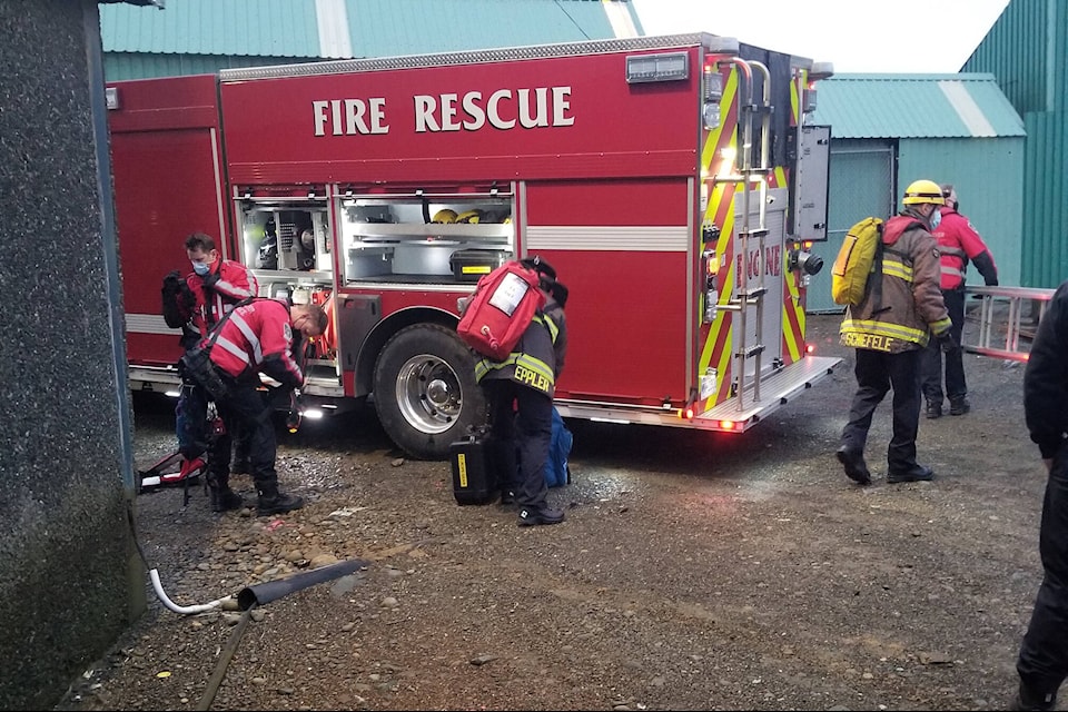Campbell River Fire crews prepare for a technical high angle rescue on a cargo ship on Jan. 17. Photo courtesy Campbell River Fire Department