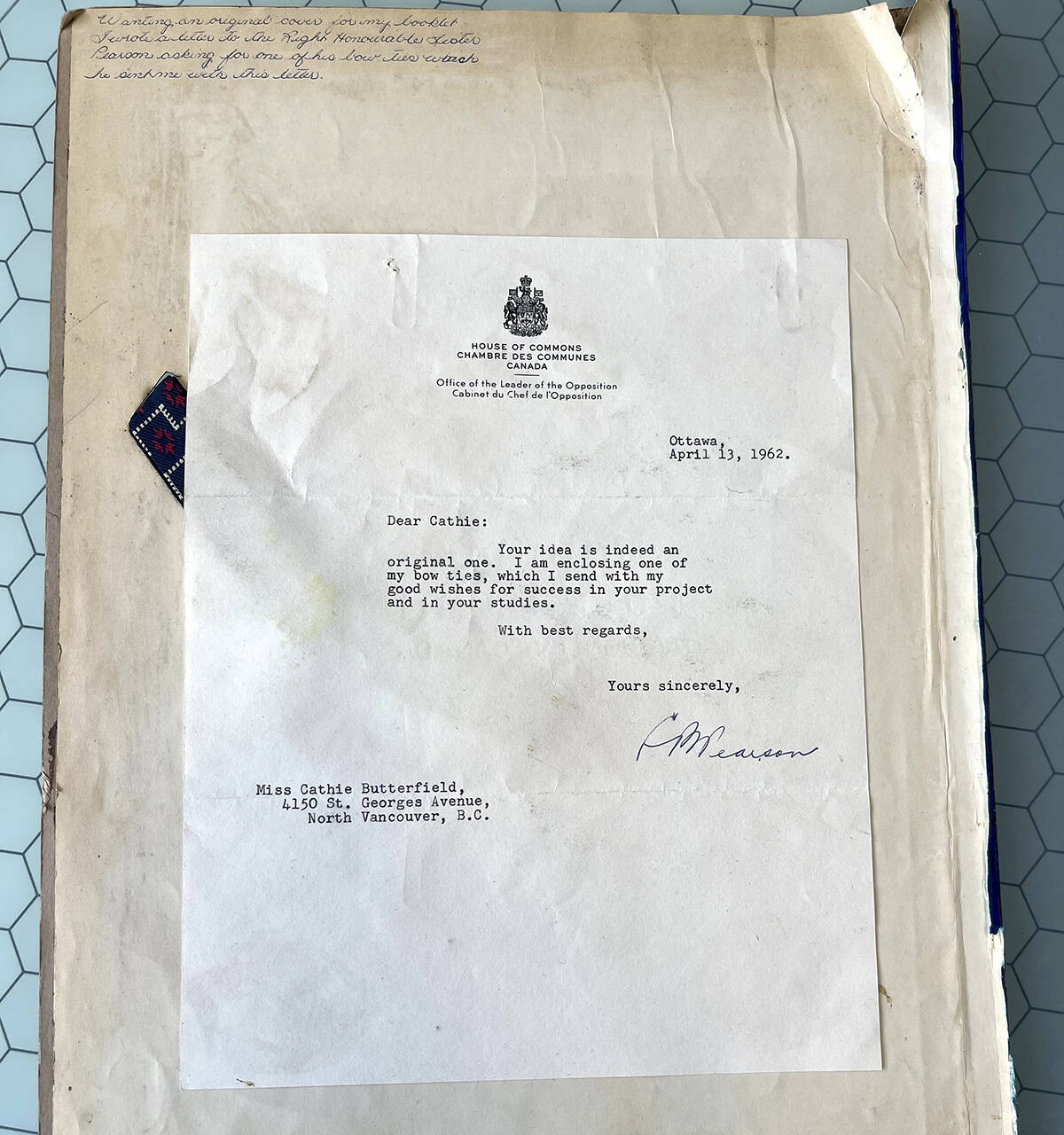A letter discovered alongside a bow tie at Victorias Value Village appears to be from former prime minister Lester B. Pearson. (Photo by Jacqui Ferguson/Value Village)