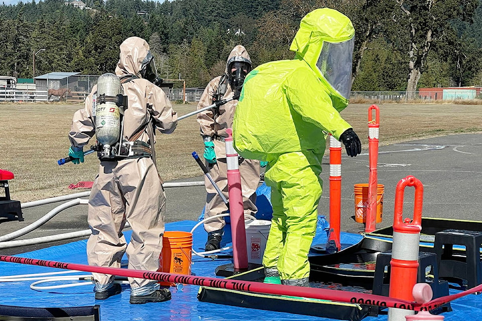 Metchosin firefighters participate in hazmat scene management training at the Instinct Training Centre, based at the old elementary school building in Metchosin. (Courtesy of Stephanie Dunlop/Metchosin Fire Department)