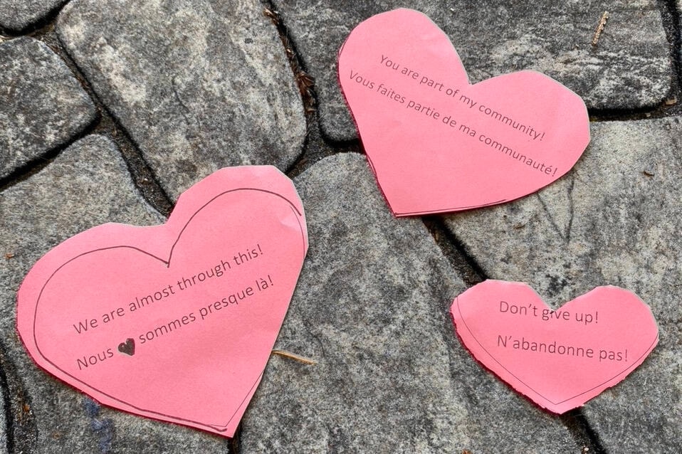 Students of Margaret Jenkins elementary dropped Valentine’s Day hearts like this on doorsteps around their neighbourhood on Monday to lift spirits. (Courtesy of Carolyn Wick)