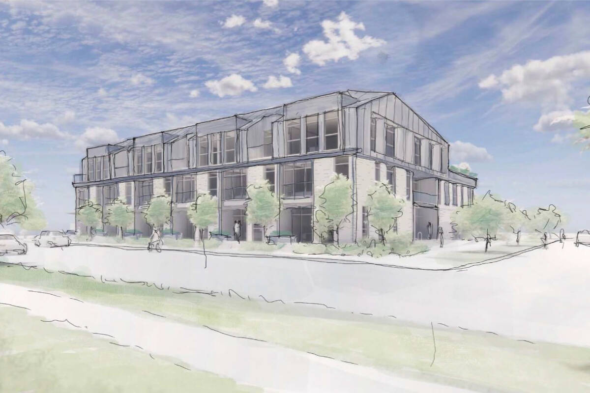 A rendering shows Aryze Developments townhome and apartment proposal for 1733-1737 Fairfield Rd. It is tied in with a density transfer proposal including Abkhazi Garden. (Courtesy of Aryze Developments)