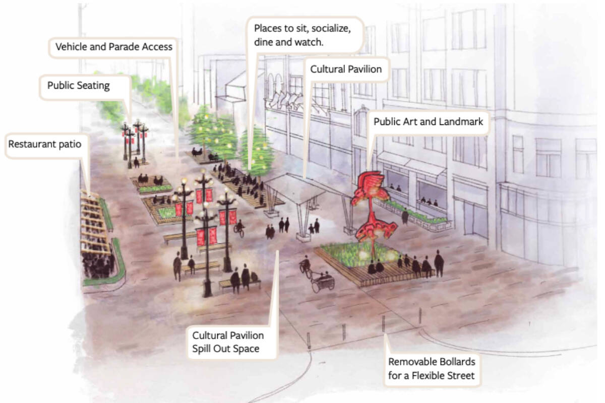 A rendering shows a Lekwungen plaza along Government Street at Humboldt Street, part of Victorias next stage of proposed design plans. (Courtesy of City of Victoria)