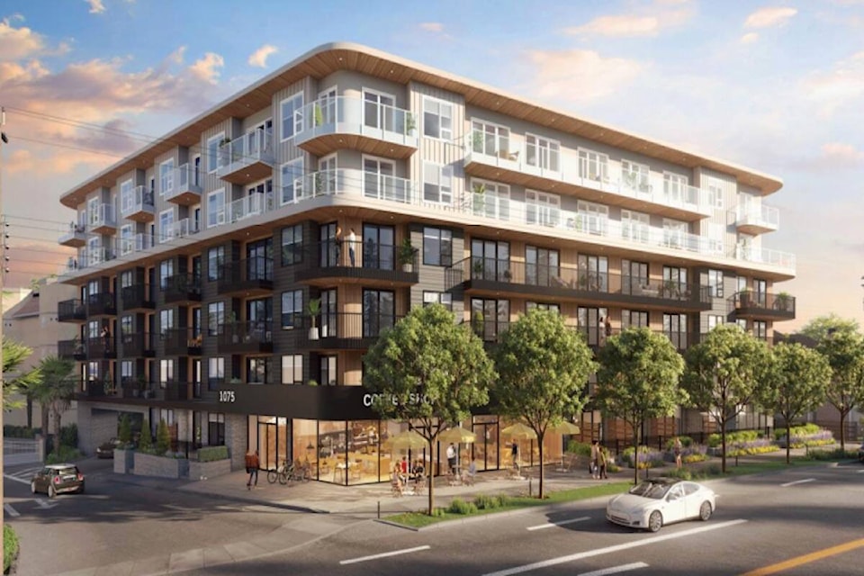 A rendering of a residential and commercial building proposed for the former Gorge Pointe Pub site in Esquimalt. (Photo courtesy of Abstract Developments)
