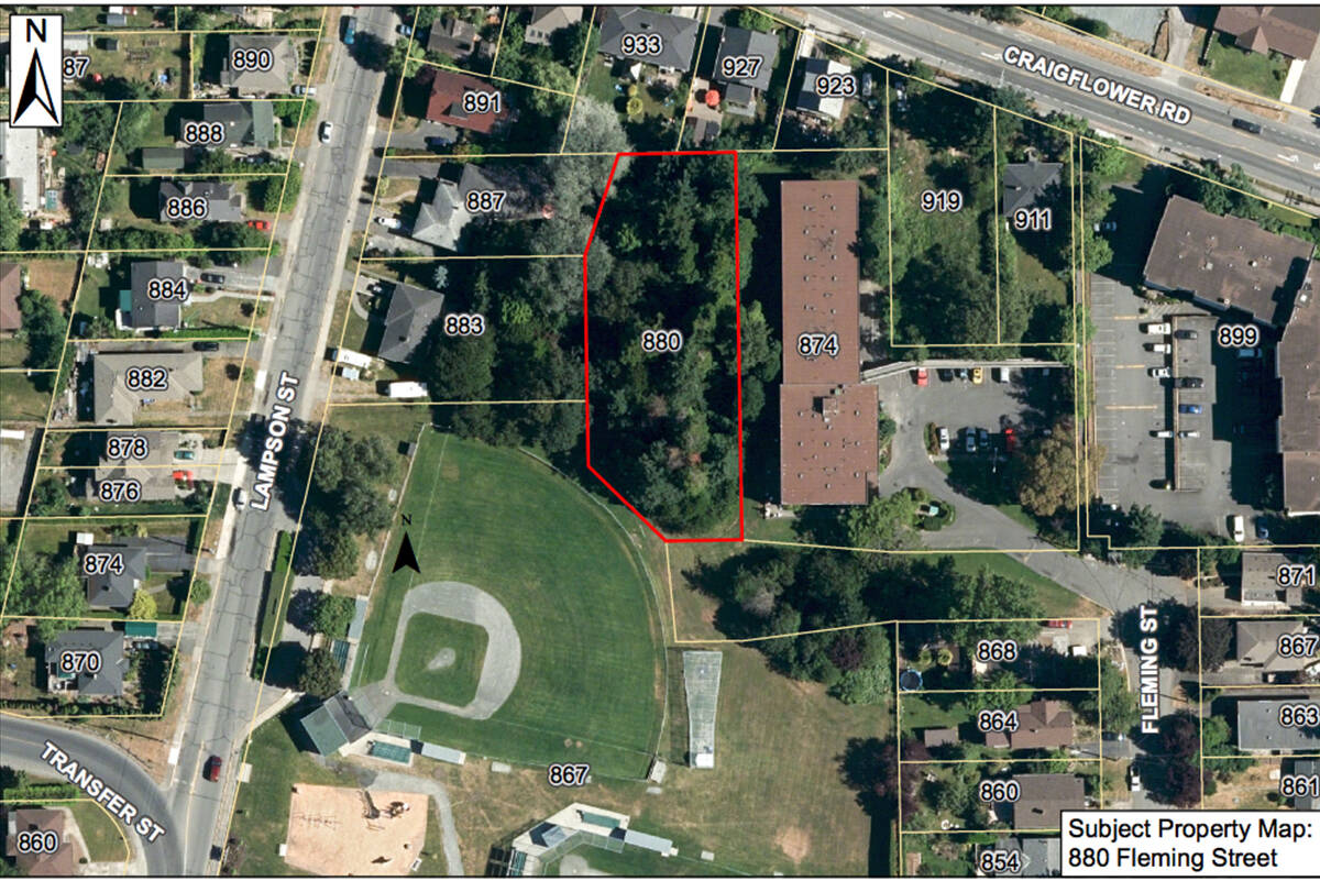 An aerial photo of the lot at 880 Fleming Street, which was approved for the township for development rezoning on March 7. (Township of Esquimalt)