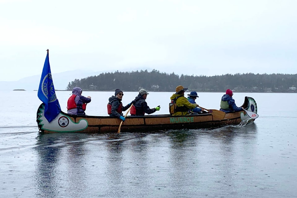 Participants in the Victoria Canoe and Kayak Club’s Paddle For The Kids fundraiser churn through the waters of Saanich Inlet on Sunday. The campaign has so far brought in more than $11,000 for Easter Seals Camp Shawnigan. (Photo courtesy Liz Martinson)