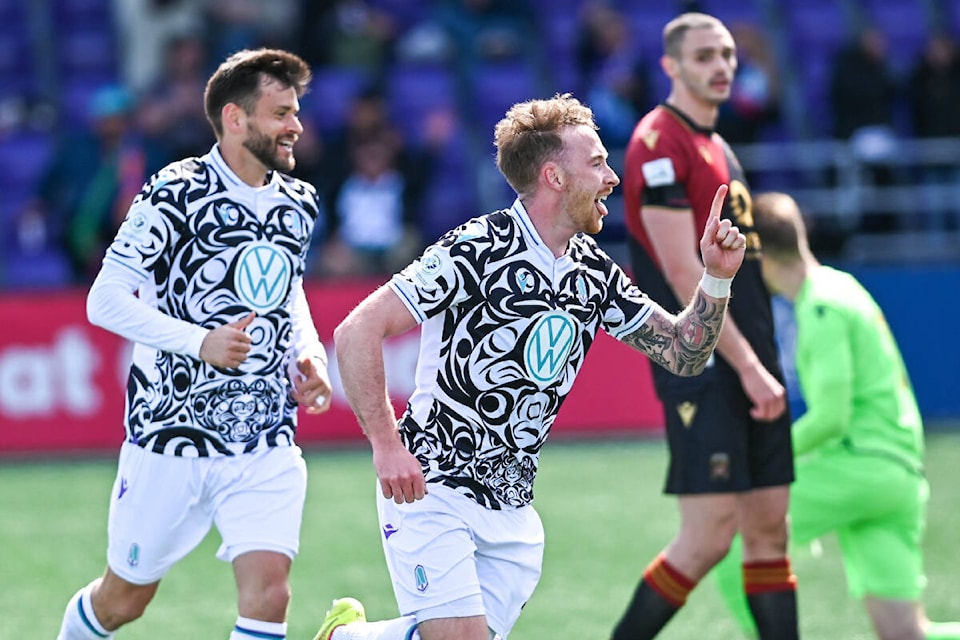 Pacific FC’s Josh Heard celebrates after scoring the team’s third goal against Valour FC on Sunday, April 17, 2022. (Simon Fearn/Special to Black Press)