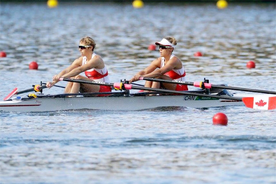 Canadian rowers Lindsay Jennerich and Patricia Obee in action on the water. (Courtesy Greater Victoria Hall of Fame)