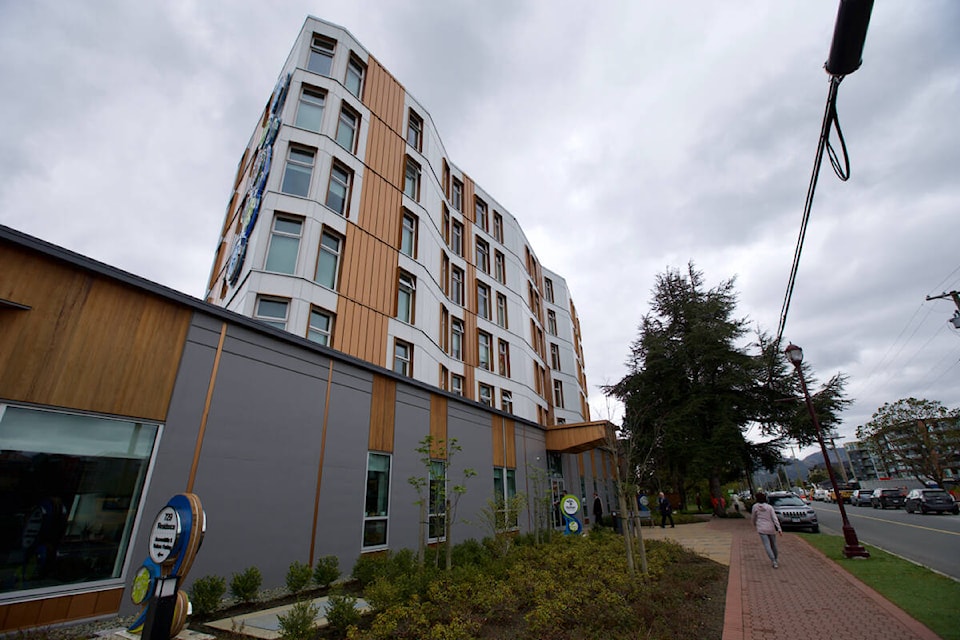 The Aboriginal Housing Management Association reannounced its Provincial Urban, Rural and Northern Indigenous Housing Strategy and renew calls for more to be done to address Indigenous housing needs in the province Friday, against the backdrop of M’akola Housing Society’s recently completed apartment buildings on Station Avenue in Langford. (Justin Samanski-Langille/News Staff)