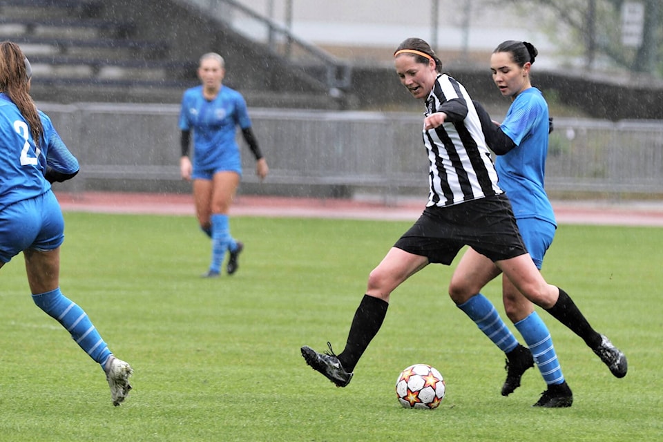 Gorge FC Team Sales forward Liz Gregg eyes up a pass during the BC Soccer women’s A Cup provincial final against Coastal FC in Burnaby on Sunday (May 15). Gorge won 5-3. (Casey Tepper/LIWSA)