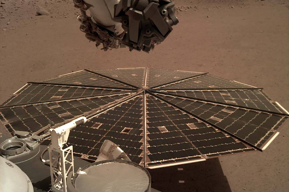 One of InSight’s 7-foot-wide solar panels imaged by the lander’s camera. (Credit: NASA/JPL-Caltech)